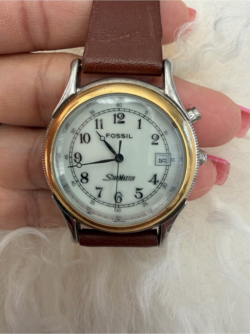 Fossil Two-Tone Bezel White Dial Watch with Brown Leather Strap